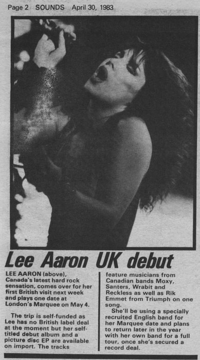 Lee Aaron article from Sounds Magazine ©Sounds.